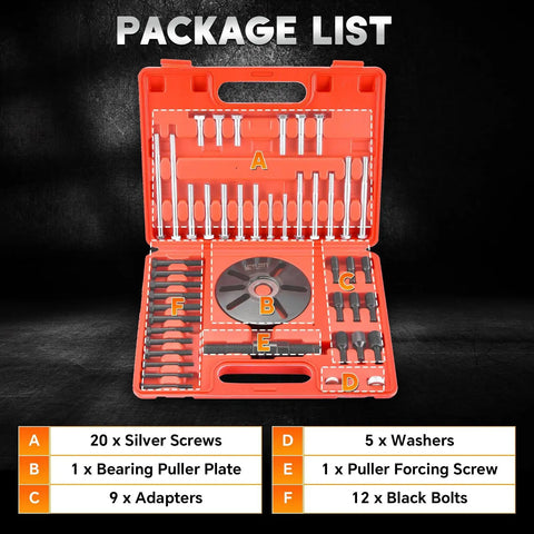 Harmonic Balancer Puller and Installer Kit for Quick No Fuss Damage Free Flywheel and Crankshaft Pulley Removal, components in red case.