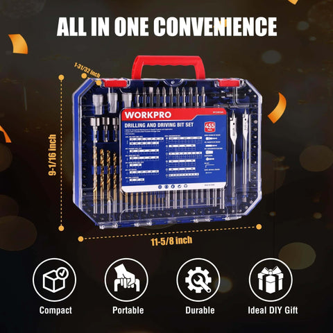 WORKPRO 455-piece drill and driver bit set in blue portable case with titanium twist bits