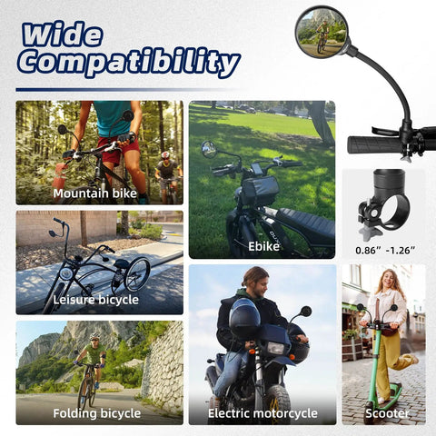 Rear View Bike Mirror Mount With Adjustable Rotatable Head, Wide Angle Acrylic Convex Safety Mirror, shown on various vehicles