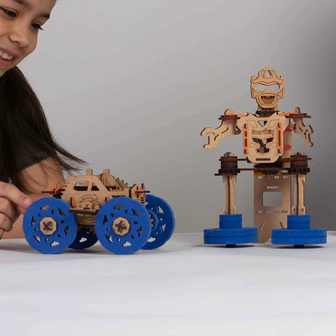 2 In 1 Rover Bot STEM Kit Turns A Car Into A Robot For Kids 6 Plus A Fun Hands On Educational Construction Toy With Gear Mechanisms Wind Up Play An Ultimate Gift For Curious Builders. wooden car and robot model with blue wheels