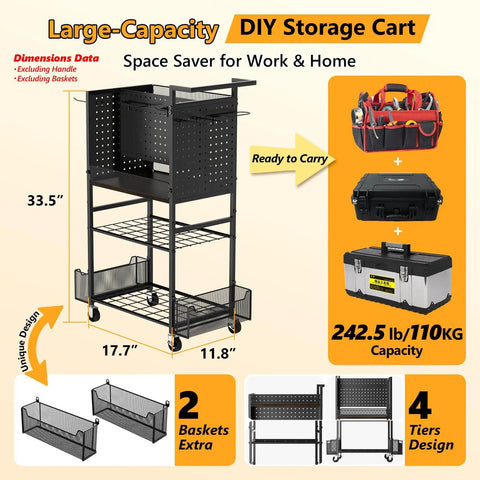 Heavy Duty Four Tier Metal Rolling Tool Cart With Pegboard And Storage Baskets For Garage And Shop Use Mobile Tool Organizer