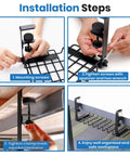 Installation steps for 16 Inch Under Desk Cable Management Tray No Drill Cord Organizer with Secure Clamps in office or home desk setup.