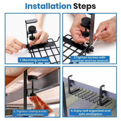 Installation steps for 16 Inch Under Desk Cable Management Tray No Drill Cord Organizer with Secure Clamps in office or home desk setup.