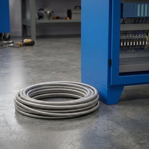 Rock Solid Stainless Steel Electrical Wire Conduit Flexible Corrugated Cable Sleeve Cover coiled on floor for organization.