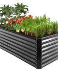 6x3x2ft Outdoor Metal Raised Garden Bed With A 24 Inch Deep Root Box For Veggies, Flowers And Herbs, 269 Gallon Soil Capacity, No Bottom Panel, 100 Percent Non Toxic Materials, Gray, filled with plants.