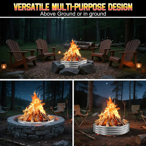 60 Inch Fire Pit Ring Heavy Duty Galvanized Steel For Outdoor Wood Burning Pits With Spark Guard Heat Resistant Campfire