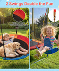Children playing on 6 In 1 Backyard Swing Set With Trampoline, Slide, Saucer Swing, Belt Swing, Dartboard, And Basketball Hoop, Heavy Duty A Frame Metal Stand, 440 Lbs Capacity For Kids Outdoor Family Fun, showing saucer and belt swings in use, waterproof fabric and enhanced rope detail visible.