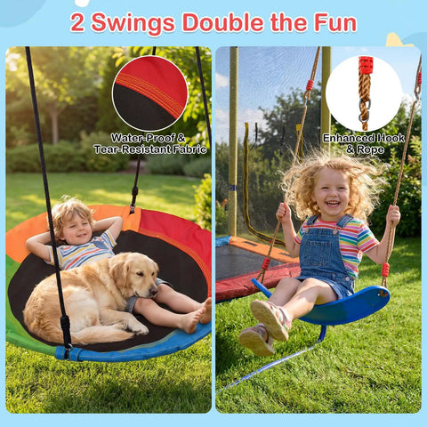 Children playing on 6 In 1 Backyard Swing Set With Trampoline, Slide, Saucer Swing, Belt Swing, Dartboard, And Basketball Hoop, Heavy Duty A Frame Metal Stand, 440 Lbs Capacity For Kids Outdoor Family Fun, showing saucer and belt swings in use, waterproof fabric and enhanced rope detail visible.