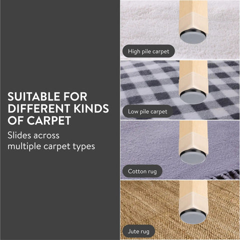 Effortless Carpet Gliding Chair Leg Sliders 8 Pack Clear Silicone With PTFE Bottom shown on various carpet types.