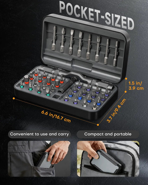 42 In 1 Magnetic Screwdriver Set With T Handle Ratchet S2 Steel Bits Pro Grade Precision Hand Tools kit displayed in case, pocket size.