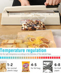 12 Inch Manual Heat Sealer With Eight Adjustable Heating Levels sealing plastic bags, showing temperature settings and sealed snacks