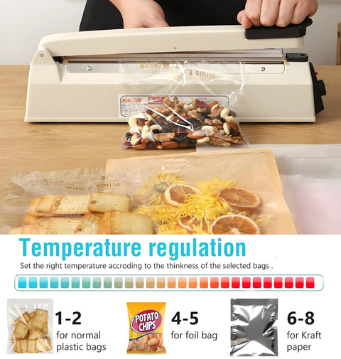 12 Inch Manual Heat Sealer With Eight Adjustable Heating Levels sealing plastic bags, showing temperature settings and sealed snacks