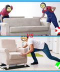 Comparison of moving a sofa manually and with Heavy Duty Appliance And Furniture Sliders Set, 2 Large Sliding Sheets With Pull Straps For Moving Heavy Ovens