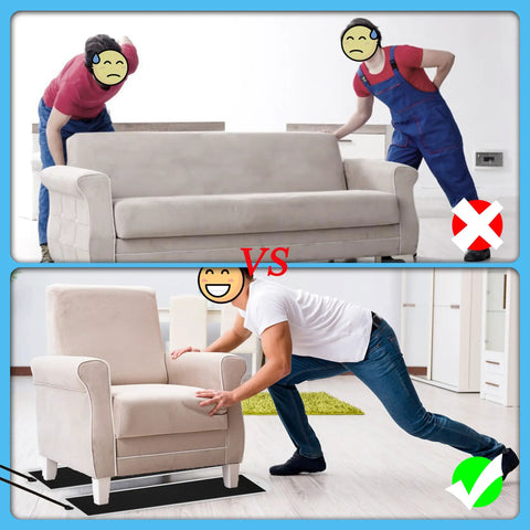 Comparison of moving a sofa manually and with Heavy Duty Appliance And Furniture Sliders Set, 2 Large Sliding Sheets With Pull Straps For Moving Heavy Ovens