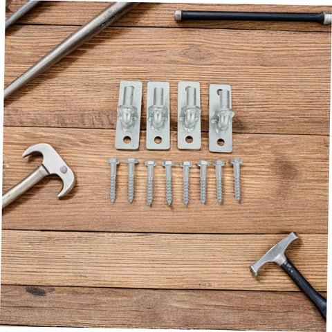 Rock Solid 4 Piece Wall Mounted Gate Hinges Built Tough For Outdoor Fences Zero Rust Hardware alongside screws on wooden surface.