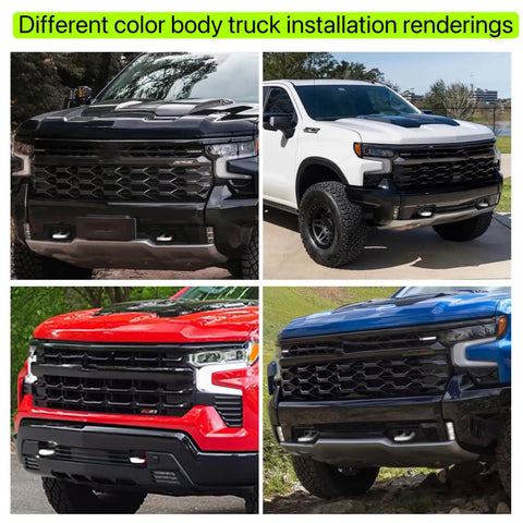 Chevy Silverado 1500 And GMC Sierra 1500 Tow Hook Cover on different color trucks, front view of rugged truck style accessory