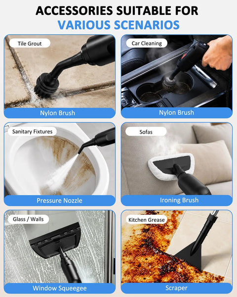 Quick 15 Second Heat Up Handheld Steam Cleaner With High Pressure For Deep Cleaning Grease And Grout Stains Without Harsh Chemicals Compact Portable Design For Effortless Home Maintenance And Spotless Surfaces accessories for various cleaning tasks, including brushes and nozzles.
