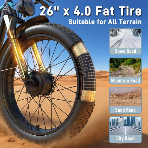 26-inch fat tire Electric Fat Tire Ebike For Adults With 45 MPH Peak Speed 52V 25Ah 2500W Peak Power on sandy terrain