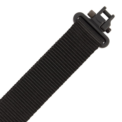 Close-up of Quick Adjusting 1.25 Inch Web Rifle Sling with swivels showing durable black material and secure attachment