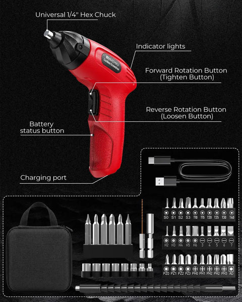 Compact 3.6V Cordless Screwdriver Kit With 50 Piece Bit Set Rechargeable 6 Nm Torque TypeC Fast Charging In 1.5 Hours Lightweight Workhorse Power Tool For Furniture Assembly And Home DIY Red, shown with charging cable and bit set