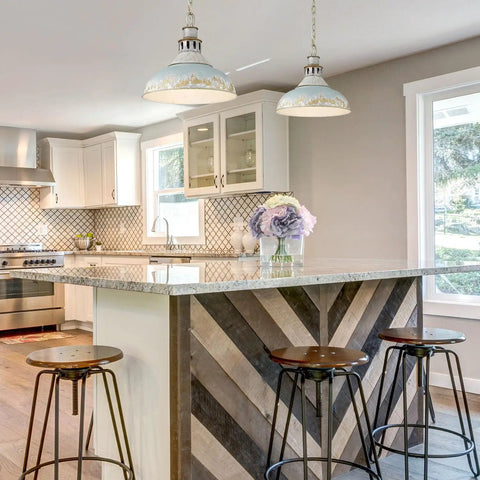 Teal Kinsley Pendant Light in aged galvanized steel over farmhouse kitchen island with rustic vintage decor