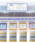 Metal film resistor assortment kit in clear case with labeled bags; 156 resistor values, 1% tolerance.