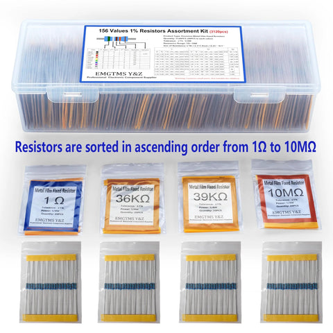 Metal film resistor assortment kit in clear case with labeled bags; 156 resistor values, 1% tolerance.