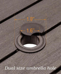 Close-up of the umbrella hole detail on the Outdoor Dining Table With 1.6 Inch Umbrella Hole, Brown Plastic Square Backyard Bistro Table For Garden, Poolside, And Patio Weather Resistant, Easy Care, Perfect For Family Meals And Weekend Backyard Hangouts, showing dual size capability.