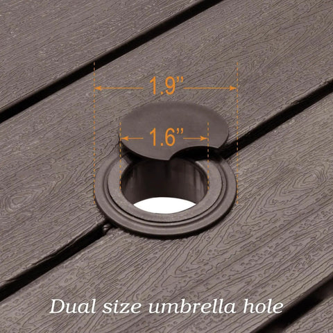 Close-up of the umbrella hole detail on the Outdoor Dining Table With 1.6 Inch Umbrella Hole, Brown Plastic Square Backyard Bistro Table For Garden, Poolside, And Patio Weather Resistant, Easy Care, Perfect For Family Meals And Weekend Backyard Hangouts, showing dual size capability.