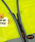Mens High Visibility Safety Vest With Reflective Neon Mesh Zipper Features Nine Utility Pockets For Construction And Traffic Control Meets Ansi Class 2 Standards Breathable Mesh Hustle Ready Grind Proof Coverage 2X Large zippered front close-up showcasing breathable mesh material