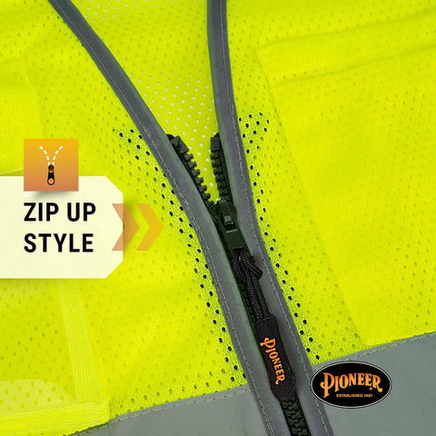 Mens High Visibility Safety Vest With Reflective Neon Mesh Zipper Features Nine Utility Pockets For Construction And Traffic Control Meets Ansi Class 2 Standards Breathable Mesh Hustle Ready Grind Proof Coverage 2X Large zippered front close-up showcasing breathable mesh material