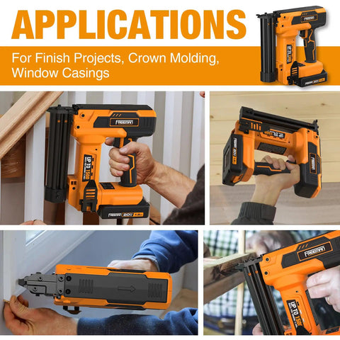 20V Cordless Pro Grade 2 In 1 18 Gauge Nailer And Stapler Kit used for crown molding and window casings applications.
