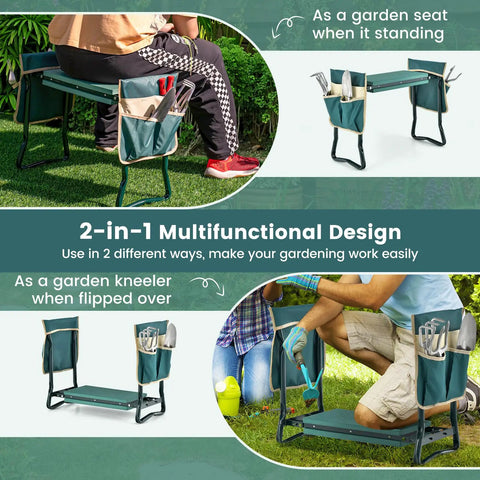 Foldable Garden Kneeler And Seat With 8 Inch Wide EVA Foam Pad, Heavy Duty Garden Stool With Two Big Tool Pouches