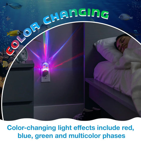 Tropical Aquarium LED Night Light with color changing glow illuminating a bedroom corner, showing red and blue phases.