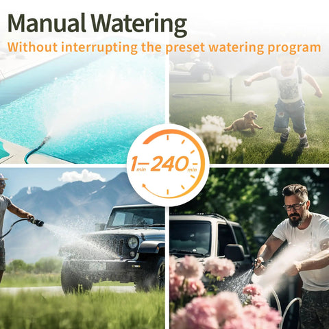 Two Zone Sprinkler Timer With Dual Outlet Hose Timer, programmable garden irrigation by pool, yard, and car via manual control.