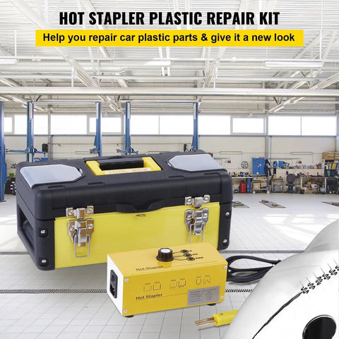Get Your Ride Looking Crisp Again With This Legit Plastic Welding Kit featuring a yellow and black hot stapler repair tool in its case.