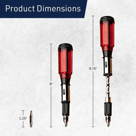 9.75 Inch Yankee Screwdriver Hand Drill Pin Vise With 7 Double Sided Bits Rotating Barrel by Kings County Tools with dimensions