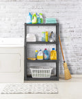 Four Shelf Heavy Duty Plastic Storage And Utility Shelving Unit For Garage Basement And Laundry Room With 50 Lb Capacity Per Shelf Durable Industrial Grade Rack For Easy Organization And Quick Access, black in laundry room