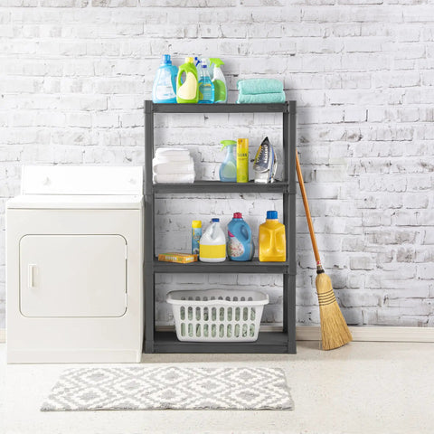 Four Shelf Heavy Duty Plastic Storage And Utility Shelving Unit For Garage Basement And Laundry Room With 50 Lb Capacity Per Shelf Durable Industrial Grade Rack For Easy Organization And Quick Access, black in laundry room