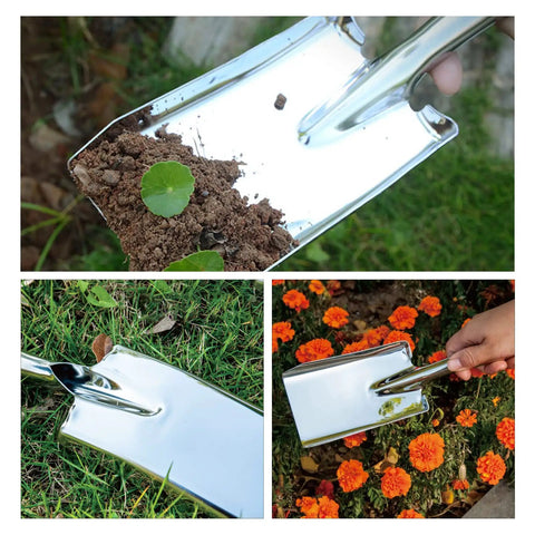 Stainless Steel Garden Shovel And Trowel Hand Tools Set For Transplanting Weeding Moving And Smoothing Digging And Planting Durable Ergonomic Do It All Three Pack For Small Gardens in use for planting and soil work
