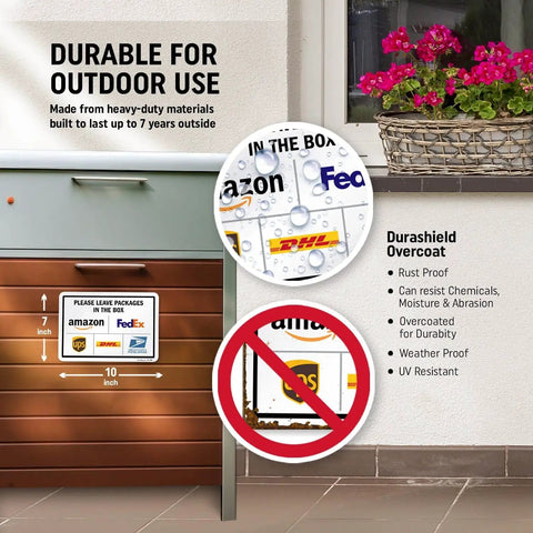 Premium 7 X 10 Inch Rustproof Aluminum Delivery Instructions Metal Sign For Amazon And FedEx And Ups Package Drop Off Outside displayed on a mailbox.