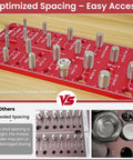JoblikeBrez Thread Checker red wall-mount bolt size finder with 15 SAE and 15 metric thread gauges.