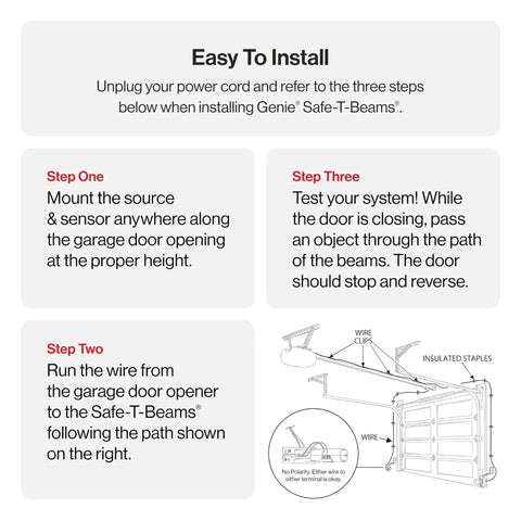 Safe T Beam Replacement Kit installation steps for garage doors showing sensor mounting, wiring, and testing guide.