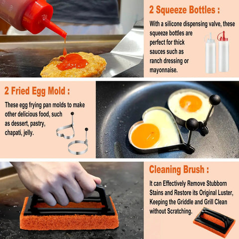 38 Piece Griddle Accessories Kit with squeeze bottles, egg mold, and cleaning brush shown during use on a griddle.