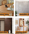 Collage of interior designs featuring a folding table, invisible door, room door, and folding desk in modern settings.