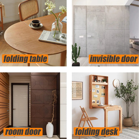 Collage of interior designs featuring a folding table, invisible door, room door, and folding desk in modern settings.