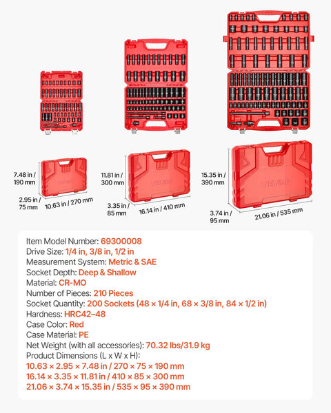 Half Inch Drive 26 Piece Impact Socket Set With Shallow 6 Point Sockets In CR-V Alloy Steel, open red storage cases