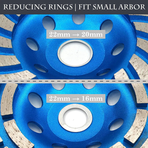 Close-up of 2-Piece Diamond Concrete Grinding Cup Wheel Set, 115mm (4-1/2 Inch), showing reducing rings for small arbor.