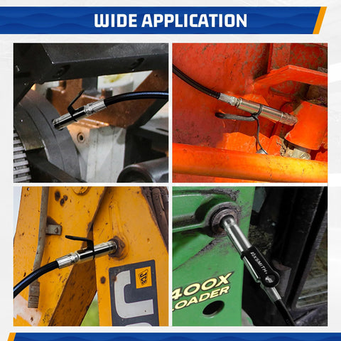 FIXSMITH grease gun coupler, heavy-duty quick-release, 1/8 in NPT; shown installed on multiple machines.