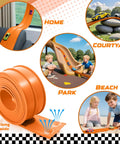 Orange Flexible 15ft Race Track Starter Set With Suction Cups Roll Up Portable Track For Diecast 1 64th Cars shown in various settings.